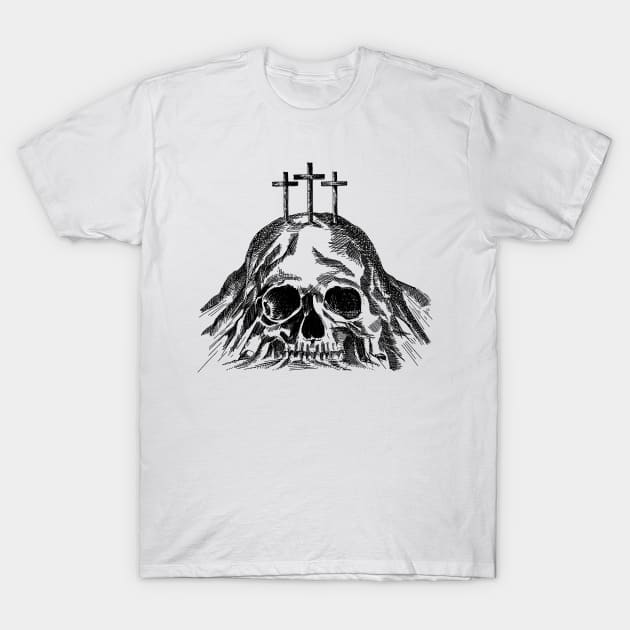 Mount Calvary near Jerusalem, in the shape of a skull, three crosses on top T-Shirt by Reformer